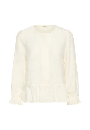 Ilgos rankovės kreminės spalvos palaidinė su apvalia apykakle, slėptu priekiu, surinktais rankogaliais ir rauktu hemu.