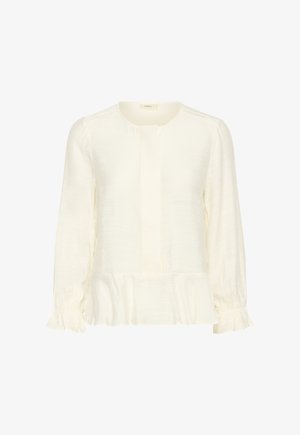 Crèmekleurige blouse met lange mouwen, ronde hals, verborgen knoopsluiting aan de voorkant, geplooide manchetten en ruches aan de zoom.