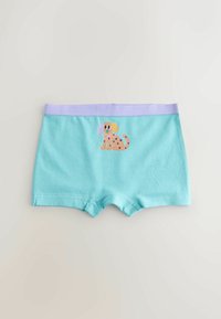 Svetlomodré detské šortky s levanduľovým pásom a farebnou kreslenou psíkom s fialovými škvrnami vytlačeným v strede prednej časti.