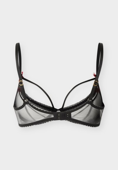Μαύρο διάφανο σουτιέν από δίχτυ με λεπτές ρυθμιζόμενες τιράντες, διακοσμητικό τελείωμα και κλείσιμο με αγκράφα σε λευκό φόντο.