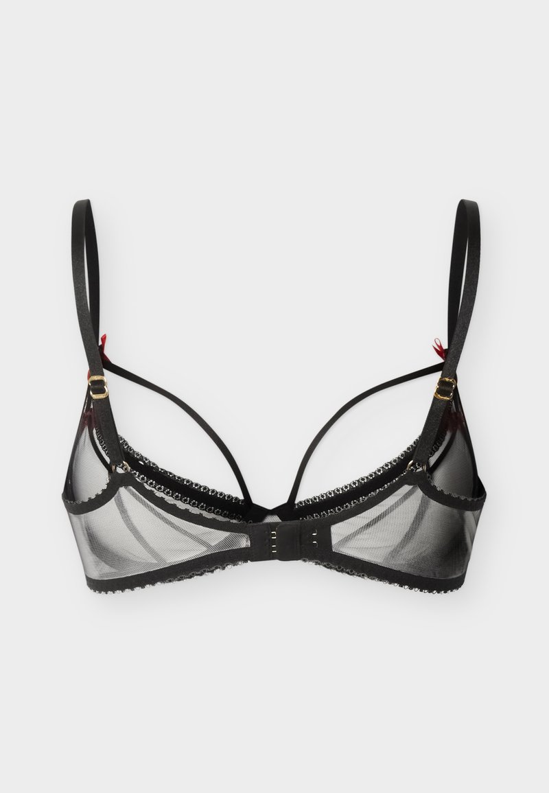 Sort gennemsigtig mesh-bh med tynde justerbare stropper, dekorativ kant og lukning med hægter på en hvid baggrund.