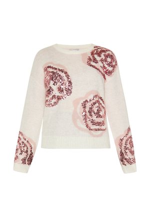 Kreemivärvi kudum sweater, mille ees, õlgadel ja varrukatel on roosa sektsioonidega lillemuster, ümar kaelus ning soonikkoes lõpp. 