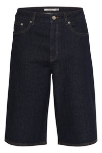 Mørke denimshorts med middels høyde på livet, rett kutt og kontrasterende oransjefargede sømmer. Har frontlommer og knappelukking.
