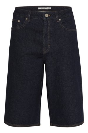 Tamne traperice kratke hlače od tamnog denima s srednjim strukom, ravnog kroja i kontrastnim narančastim šavovima. Imaju prednje džepove i kopčanje na dugme.