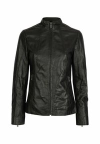 Black leather jacket with a stand-up collar, zip front, and two zippered side pockets. Features stitched panels for a fitted shape.