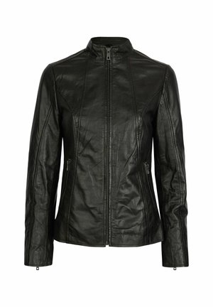 Juodas odinis švarkas su aukštu apykakle, užtrauktuku priekyje ir dviem užtrauktukais uždaromomis kišenėmis šoninėse pusėse. Savybės - siūti skydeliai, suteikiantys prigludusią formą.