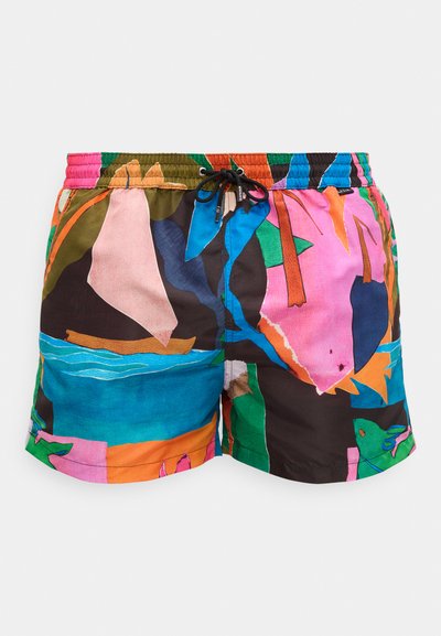 Ανδρικό μαγιό βερμούδα με πολύχρωμο αφηρημένο τροπικό σχέδιο, ελαστική μέση και μαύρο κορδόνι μπροστά στο κέντρο.