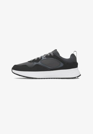Black and gray athletic sneakers with a combination of mesh and suede materials, a padded collar, and a white rubber sole.