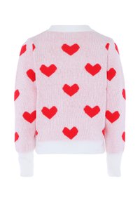 Rosa gestrickter Pullover mit roten Herzmustern, weißen gerippten Bündchen und Saum, rundem Ausschnitt und weicher Textur.