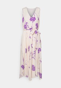 Abito floreale con scollo a V, senza maniche. Realizzato in tessuto leggero, presenta motivi di fiori viola su uno sfondo beige e include una cintura in vita.