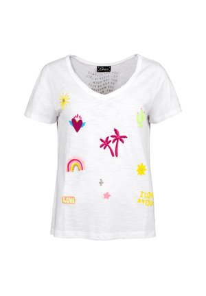 Weißes Baumwoll-T-Shirt mit V-Ausschnitt, verziert mit bunten gestickten Motiven: Herzen, Sonne, Kaktus, Palmen und dem Wort "LIEBE."