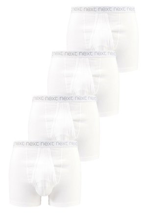 Weiße Baumwollboxershorts mit einem grauen elastischen Bund, auf dem der Markenname wiederholt aufgedruckt ist. Vier identische Paare in gestapelter Anordnung gezeigt.