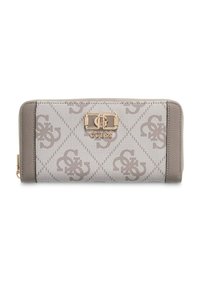 Szary portfel z tkaniną w wzory na zewnątrz, ozdobiony złotym logo i zamkiem błyskawicznym. Teksturowane skórzane boki i geometryczny wzór.