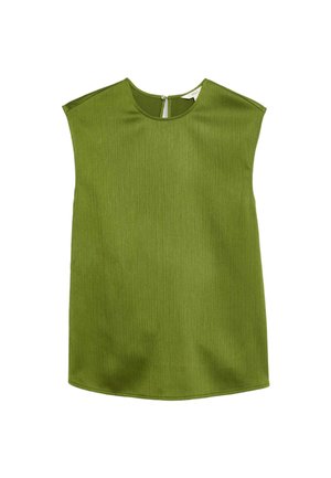 Top verde senza maniche con scollo rotondo e spalle leggermente strutturate. Presenta un tessuto testurizzato e una cerniera discreta sul retro.