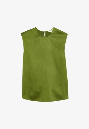 Grøn, ærmeløs top med rund halsudskæring og let strukturerede skuldre. Har et tekstureret stof og en diskret lynlås i ryggen.