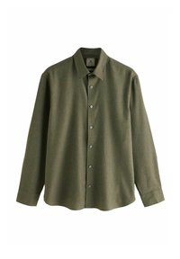 Cămașă butonată de culoare verde închis, cu mâneci lungi, realizată dintr-un material texturat. Prezintă un guler clasic și șase butoane argintii pe față.