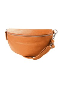 Oranje leren crossbodytas met een afgeronde vorm, een getextureerd oppervlak, een zilveren rits en een afneembare riem. Compact en veelzijdig ontwerp.