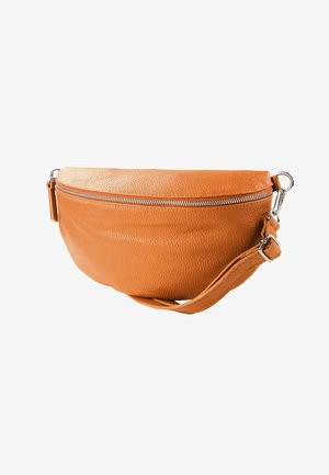 Oranje leren crossbodytas met een afgeronde vorm, een getextureerd oppervlak, een zilveren rits en een afneembare riem. Compact en veelzijdig ontwerp.