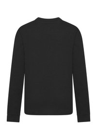 Schwarzes Langarmshirt mit Rundhalsausschnitt. Glatter Stoff, gerader Schnitt und elastische Bündchen. Keine sichtbaren Muster oder Verzierungen.