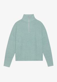 Miętowa bluza z wysokim kołnierzem, półzamkiem z przodu, żeberkową strukturą i luźnym fasonem z szerokimi rękawami.