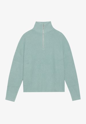 Mäta zelený pulóver s vysokým golierom, štvrťzipsom na prednej strane, ribovanou textúrou a voľným strihom s širokými rukávmi.