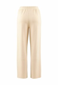 Cream-colored, wide-leg pants with an elastic waistband; the fabric has a smooth texture and no visible patterns or embellishments.