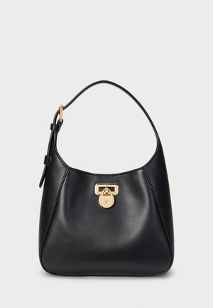 Zwarte leren handtas met een gebogen silhouet, gouden hardware, een handvat aan de bovenkant en een slotdetail aan de voorkant, met een gladde textuur.