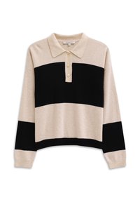 Beige und schwarzer langärmeliger Strickpullover mit Kragen, drei Knöpfen und breiten horizontalen schwarzen Streifen über der Brust und den Ärmeln.