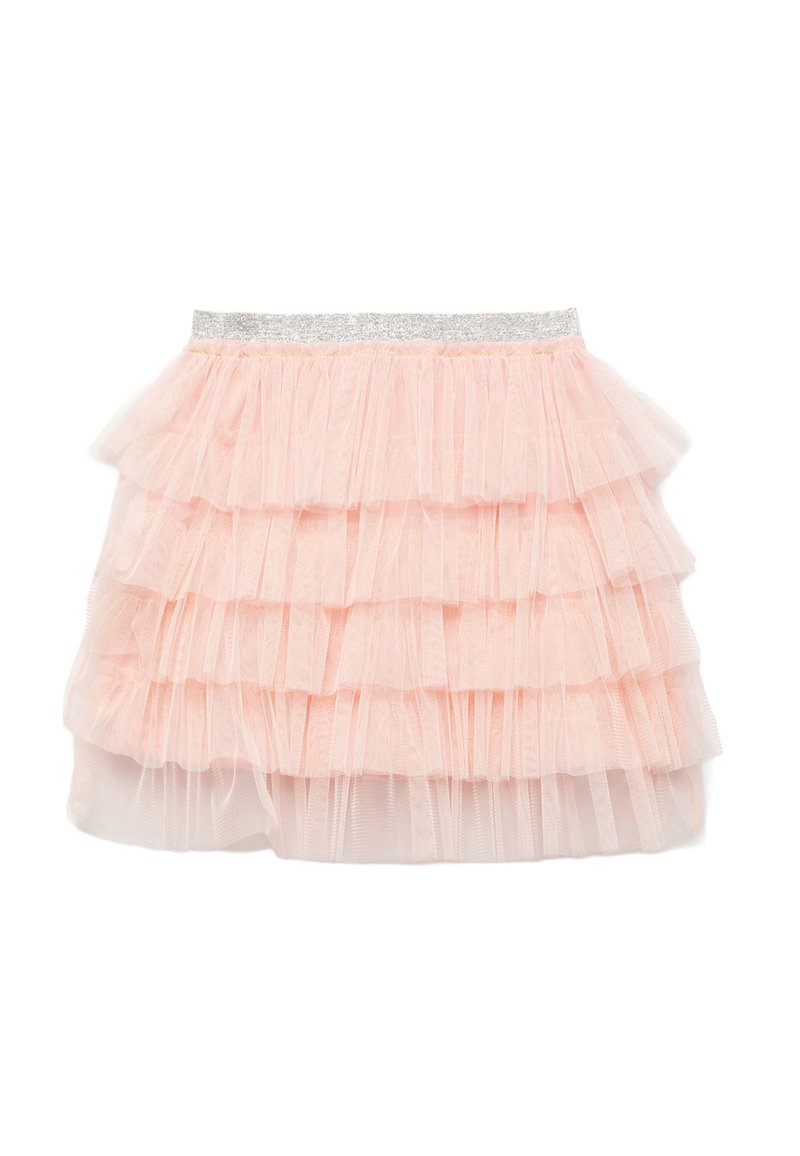 Falda de enaguas en tul rosa claro con volantes en capas y una cinturilla elástica plateada. Textura suave, longitud corta, diseño decorativo.
