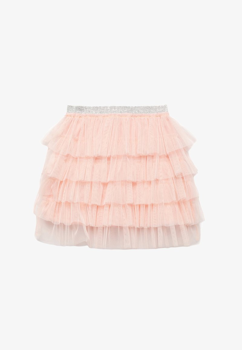 Jupon en tulle rose clair avec des volants superposés et une taille élastique argentée. Texture douce, longueur courte, design décoratif.