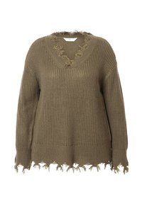Pull en maille vert olive avec un col en V, encolure effilochée et ourlet. Présente une coupe ample et un tissu texturé avec des coutures visibles.
