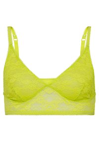 Mežģīņu bralette neona dzeltenā krāsā, ar regulējamām siksnām, ziedu rakstu un gludu apakškrūšu joslu ar picot apdari.