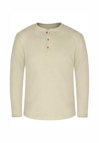 Langarm-Henley-Shirt in Hellbeige, aus Baumwollmischung, mit Rundhalsausschnitt, vierknöpfiger Knopfleiste und dezentem Logostick auf der Brust.