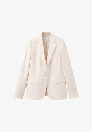 Crèmekleurige blazer met één knoop, inkepingkraag, twee voorzakken met klep en een borstpaspelzak, weergegeven op een witte achtergrond.