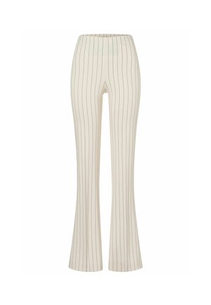 Hosen in Cremefarbe mit vertikal dünnen schwarzen Streifen, hoher Taille und leicht ausgestellten Beinen.