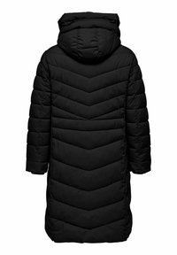 Abrigo acolchado negro con un patrón de rombos, que presenta una capucha y mangas largas, diseñado para brindar calor y cobertura.