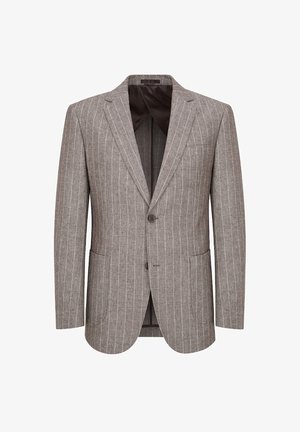 Szary, prążkowany blezer wykonany z teksturowanej tkaniny. Posiada klapy z ząbkami, dwie kieszenie z przodu oraz zapięcie na jeden guzik.