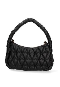Zwarte quilted handtas met een gevlochten handvat, met een zachte textuur en een ronde vorm. Geen zichtbare hardware of accenten.