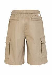 Beige Cargo-Shorts mit einem elastischen Bund, zwei Gesäßtaschen und seitlichen Pattentaschen. Glattes Material mit einer lockeren Passform und einer Länge bis zur Mitte des Oberschenkels.