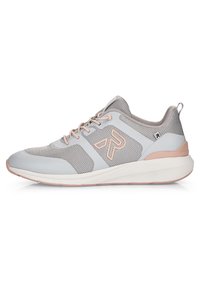 Light gray athletic shoes with mesh upper, pink accents, flat sole, padded collar, and round toe, featuring tonal branding on the side.