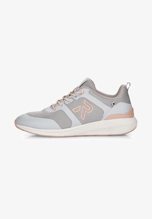 Light gray athletic shoes with mesh upper, pink accents, flat sole, padded collar, and round toe, featuring tonal branding on the side.