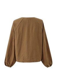 Braune langärmlige Bluse mit Paisleymuster, rundem Ausschnitt und gerafften Manschetten, von hinten auf einem weißen Hintergrund gezeigt.