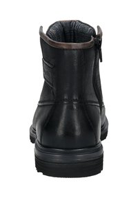 Schwarze Leder-Ankle-Boots mit Reißverschluss, strukturiertem Obermaterial und glatter Oberfläche. Gummisohle mit leicht erhöhtem Absatz. Futter im Inneren sichtbar.
