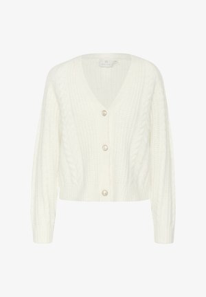 Fehér kötött kardigán V-nyakkal, bordás mandzsettával és három gombos záródással, fényes, kerek díszítésekkel. Texturált kábel kötés minta.