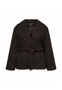 Chaqueta envolvente marrón con cinturón, cuello ancho, mangas largas y textura suave, que presenta un diseño estructurado y un cierre abierto.