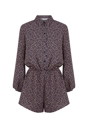 Donkerblauwe romper met lange mouwen, een gecentreerde taille, knopen aan de voorkant en een patroon van roze onregelmatige stippen overal.