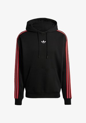 Czarna bluza z kapturem wykonana z mieszanki bawełny, z czerwono-białymi paskami na rękawach oraz małym białym logo na piersi.