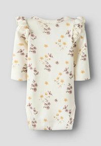 Kremowy bodziak dla niemowląt z krótkim rękawem, ozdobiony kwiatowymi wzorami w purpurowym i żółtym kolorze, z falbanami na ramionach.