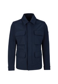 Giacca da uomo blu navy con quattro tasche con pattina, colletto, maniche lunghe e chiusura frontale con cerniera nascosta.