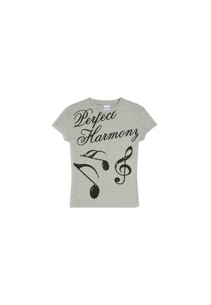 T-shirt a maniche corte grigio chiaro con scritta nera "Perfect Harmony" e grandi note musicali stampate sulla parte anteriore.